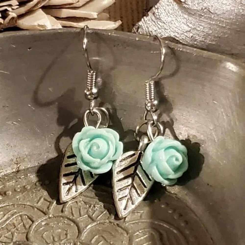 Hand Crafted Antique Silver Leaf Light Aqua Blue Lucite Rose Dangle Earrings